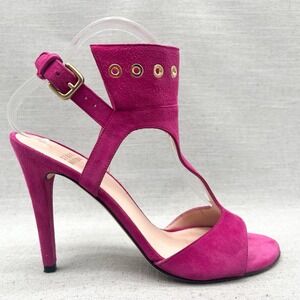 Stuart Weitzman Womens 7.5M French Cuff Sandals Hees Pink Suede Grommets T Strap